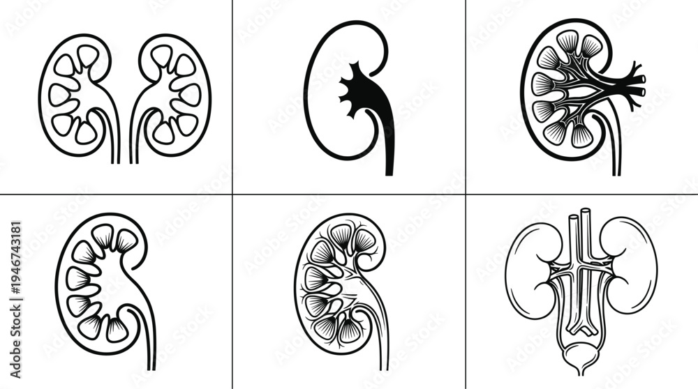Naklejka premium Human kidney anatomy medical illustration set urinary system organ cross section nephrology healthcare biology education vector icon collection