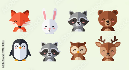Collection of Cute Cartoon Forest Animals and Birds.