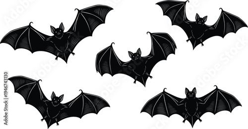 Bat silhouettes flying set Halloween night animal wings spooky black vector illustration collection