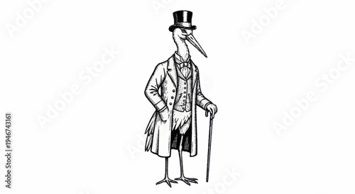 Elegant Stork Gentleman in Top Hat and Suit Holding Cane.