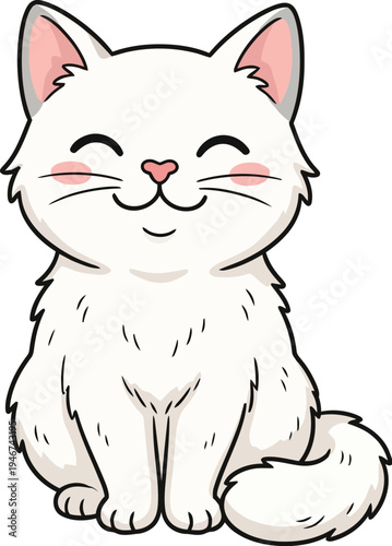 A cute white cartoon cat with a heart nose and blush cheeks smiles sweetly in a vector graphic illustration