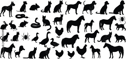 Farm and domestic animal silhouettes collection dog cat horse chicken duck rabbit snake spider vector illustration set