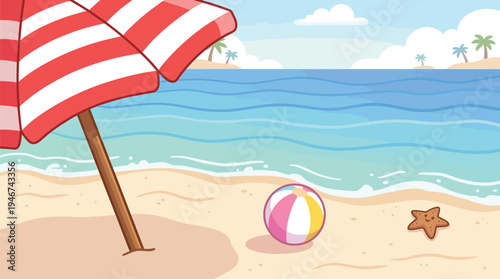 Colorful beach scene with red and white striped umbrella, beach ball, and starfish on sandy shore by calm ocean water