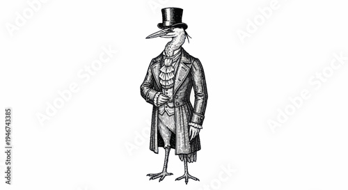 Vintage Illustration of a Dapper Bird in Formal Attire.