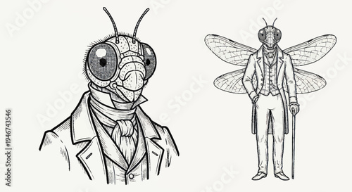 Anthropomorphic Grasshopper Character in Victorian Attire.