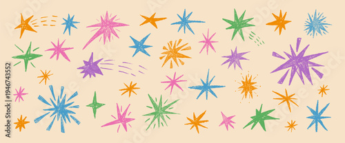 Colorful hand drawn kids pastel chalks stars. Crayon twinkles spark set. Scribble magic stardust collection. Christmas childish blue, purple shine comets. Vector asterisk elements on beige background.