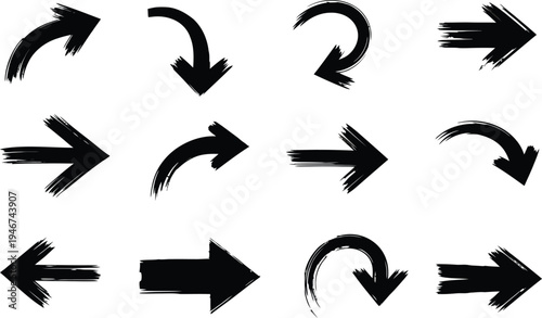 A collection of black brush stroke arrows on a white background