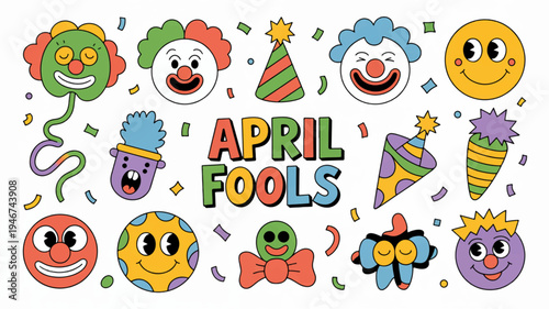 Colorful april fools' day doodle collection with funny faces and confetti on white background