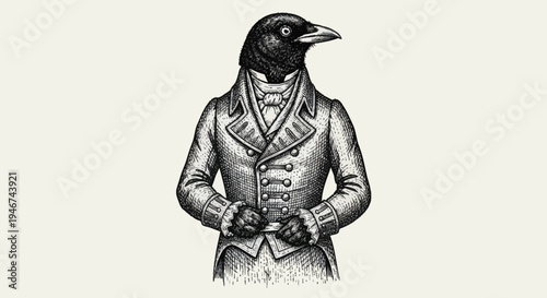 Anthropomorphic crow dressed in formal Victorian attire.
