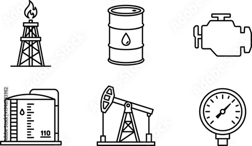 Oil industry line icons set petroleum barrel refinery pump jack storage tank pipeline pressure gauge energy production vector illustration