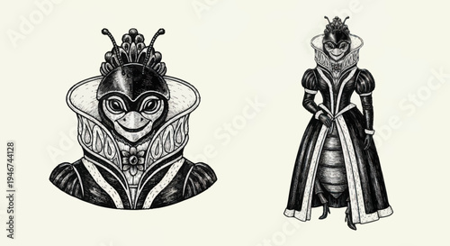 Elegant Queen Bee Character Illustration in Regal Attire.