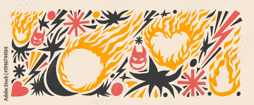Punk rock doodles with fire frames. Fireball, burned heart frames silhouette scribbles. Scrawl flames icons paper cutout pattern set. Bonfire stickers collage background. Vector naive simple elements.
