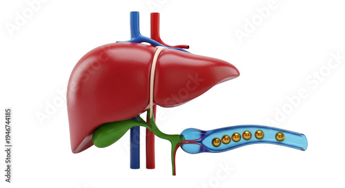 Anatomical illustration of a human liver with gallbladder and bile ducts isolated on transparent background