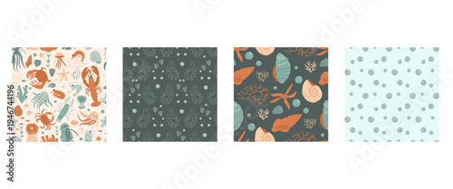 Hand-drawn marine life seamless patterns collection with crabs, starfish, and seashells. Retro Mediterranean design for summer vacation posters, ocean-themed decor, or tropical textile art. Vector bg.