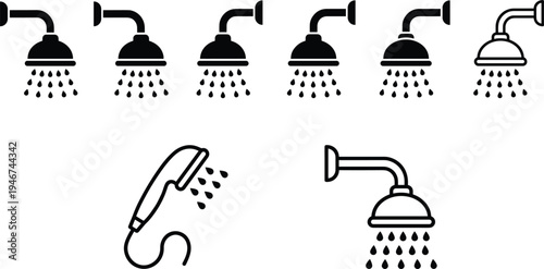 Shower head bathroom icon set water spray showerhead hygiene sanitation plumbing symbols modern minimal flat vector illustration collection