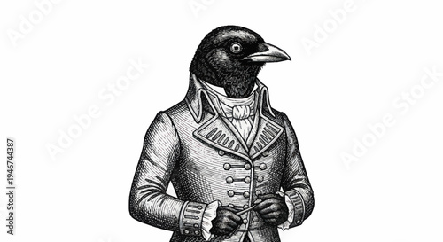 Anthropomorphic Crow Dressed in Victorian Era Formal Attire.