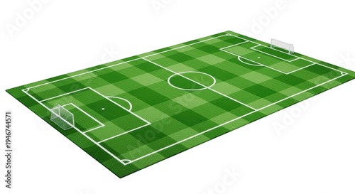 A green soccer field with white lines on a pure transparent background for sports