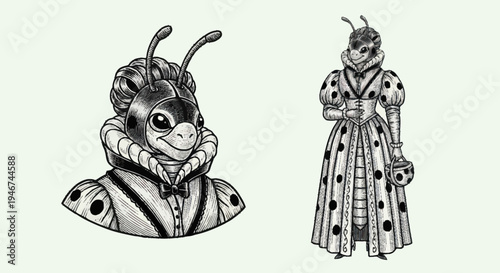 Anthropomorphic Insect Characters in Regal Attire.