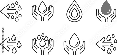 Water conservation and eco protection line icon set with droplet hands save water symbols minimal outline vector illustration