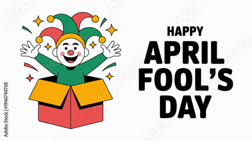 Jester emerges from box with 'happy april fool's day' text colorful jester hat and confetti on white background