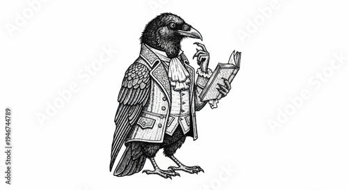 Anthropomorphic raven dressed in historical attire reading a book.