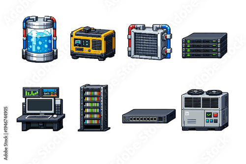 Pixel art collection of industrial server room equipment including cooling units, generator, network switch, control console, storage racks, and tanks