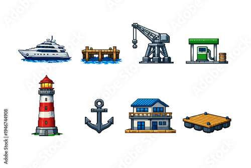 Pixel art maritime icons set featuring yacht, wooden pier, harbor crane, fuel station, striped lighthouse, anchor, coastal house, and floating dock