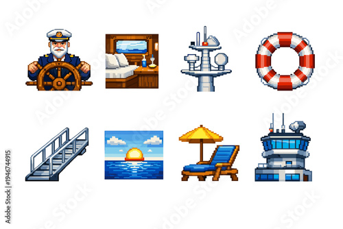 Pixel art nautical icons set featuring a ship captain at helm, cabin room, radar mast, lifebuoy, gangway stairs, ocean sunset, deck chair, control tower