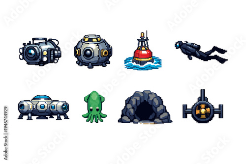 Pixel art underwater exploration icons featuring submarine modules, buoy, diver, squid, cave entrance, and torpedo drone for ocean adventure game assets