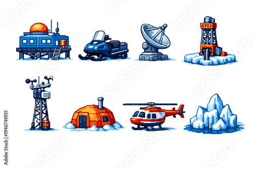 Pixel art arctic research station icons featuring polar base buildings, snow vehicle, satellite dish, weather tower, helicopter, and icebergs