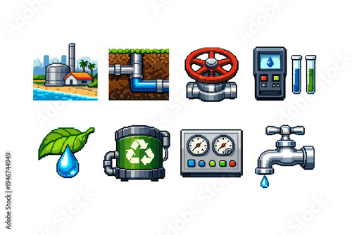Pixel art icons illustrating water treatment and supply systems with factory, pipeline, valve, testing vials, recycling container, gauges, and faucet drip