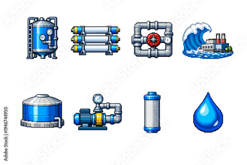 Pixel art set of water treatment and desalination equipment icons including tanks, pumps, pipes, filters, wave, and droplet for industry