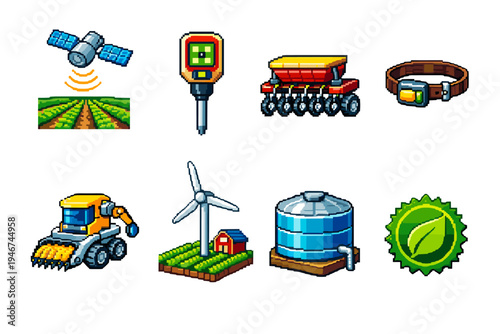 Pixel art set of smart agriculture icons showing satellite field monitoring, soil sensor, seeder, GPS collar, harvester, wind turbine, water tank, eco badge