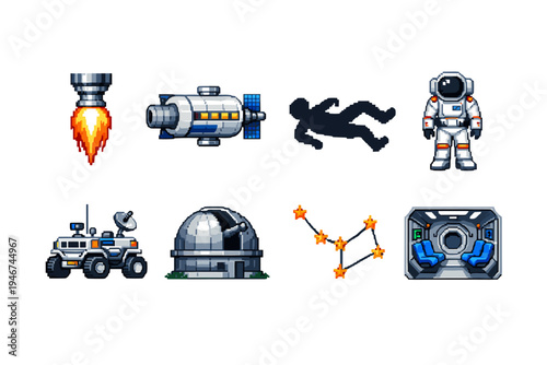 Pixel art space exploration icons set featuring rocket thruster, spacecraft, astronaut silhouette, rover, observatory dome, constellation, and airlock