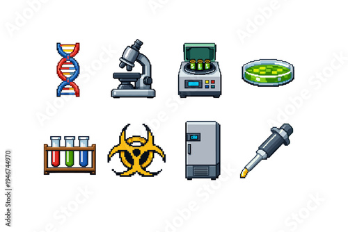 Pixel art biotechnology laboratory icon set featuring DNA helix, microscope, centrifuge, petri dish, test tubes, biohazard symbol, freezer, pipette