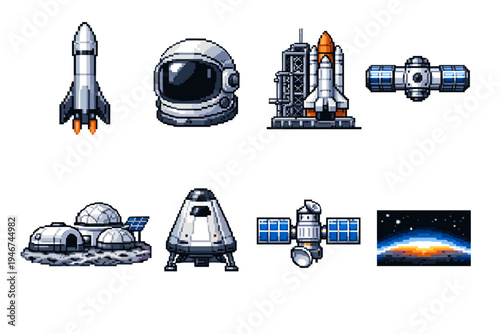 Pixel art space icons set featuring rocket, astronaut helmet, launchpad shuttle, space station, moon base, lander capsule, satellite and planet horizon