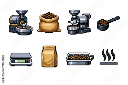 Pixel art set of coffee roasting and grinding equipment with beans, bag, scoop, scale, tray, and steam icons for cafe workflow and brewing