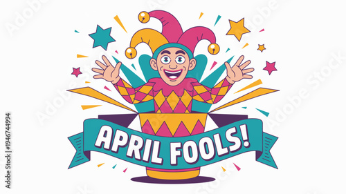 Vibrant jester illustration with 'april fools' banner colorful stars and confetti playful prank concept