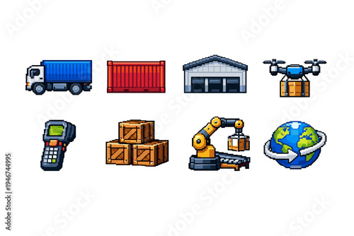 Pixel art logistics icons set featuring delivery truck, shipping container, warehouse, cargo drone, barcode scanner, crates, robotic arm, and global shipping symbol