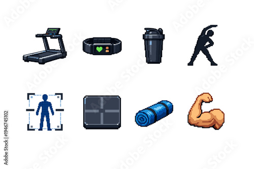 Pixel art fitness icons set featuring treadmill, activity tracker, protein shaker, running figure, body scan, scale, yoga mat, and flexing muscle