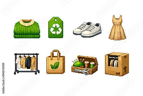 Pixel art sustainable clothing and recycling icons featuring sweater, tag, sneakers, dress, clothing rack, eco tote bag, upcycling kit, and donation box