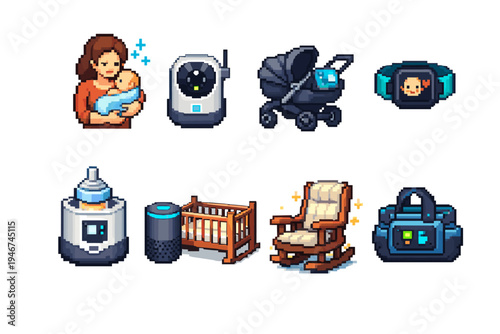 Pixel art baby care icon set featuring mother holding newborn, baby monitor, stroller, wearable tracker, bottle warmer, crib, rocking chair, diaper bag