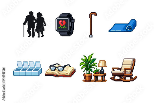 Pixel art icons of senior care and home wellness items including elderly couple, smartwatch, cane, yoga mat, seating, book, plant, lamp, rocking chair