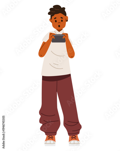 Surprised African American boy standing holding smartphone flat vector illustration isolated on white.