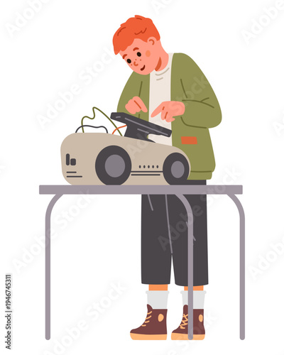 Schoolboy studying robotics programming machine flat vector illustration isolated on white.