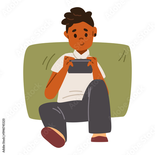 African American boy sitting on the floor leaning on a pillow holding smartphone flat vector illustration isolated on white.