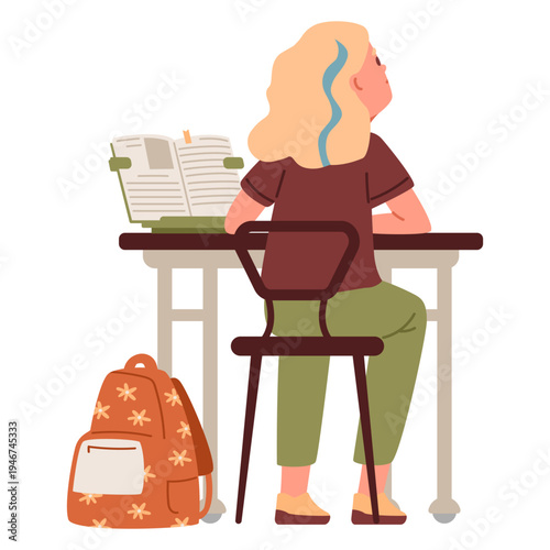 Schoolgirl sitting back at school desk with open textbook flat vector illustration isolated on white.