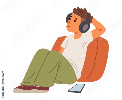 Teenage boy listening to music with headphones sitting on the floor flat vector illustration isolated on white.
