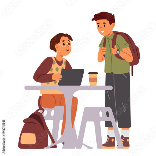 Two teenage students chatting during the break flat vector illustration isolated on white.