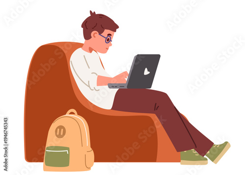 Teenage boy student sitting on modern armchair with laptop typing flat vector illustration isolated on white.